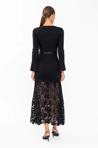 Rochie tricotată cu dantelă inserată și curea detașabilă neagră RBD60804
