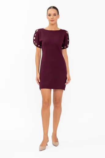 Rochie tricotată cu mâneci accesorizate burgundy RBD60801