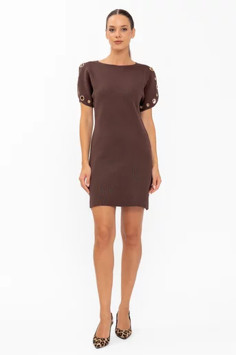 Rochie tricotată cu mâneci accesorizate maro RBD60801