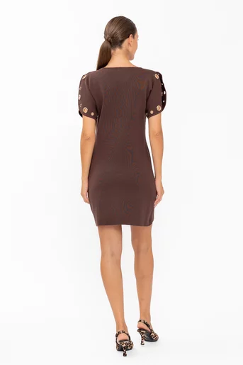 Rochie tricotată cu mâneci accesorizate maro RBD60801
