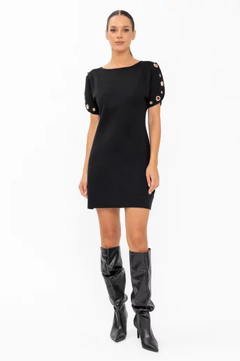 Rochie tricotată cu mâneci accesorizate neagră RBD60801