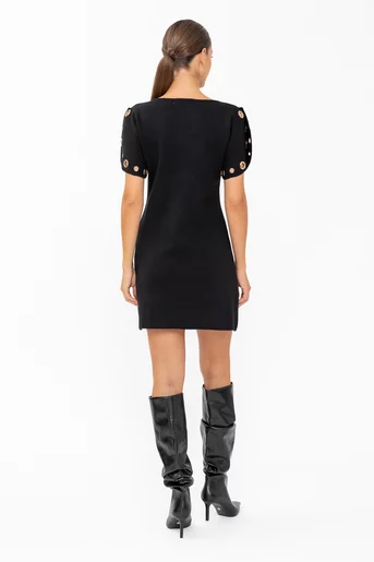 Rochie tricotată cu mâneci accesorizate neagră RBD60801