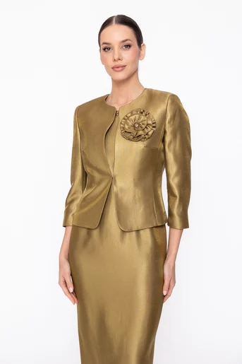 Sacou Caramel elegant cu floare olive S1606