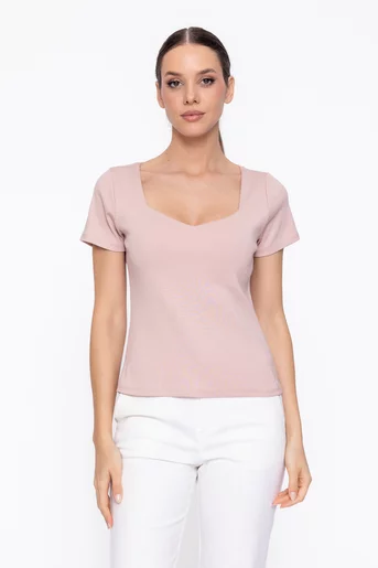 Tricou bumbac cu decolteu pătrat roz BAM60306