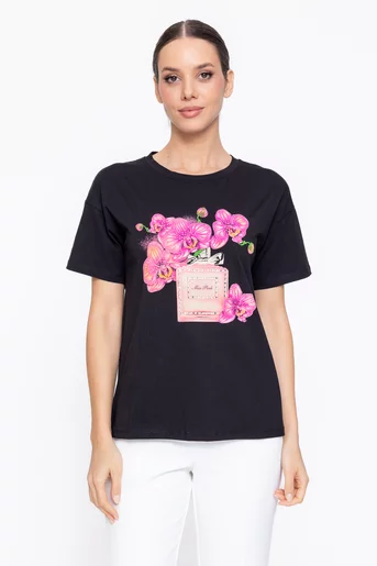 Tricou casual imprimeu orhidee negru BDP60303