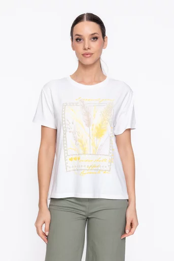 Tricou lejer din bumbac cu imprieu frunze galben BDP60304