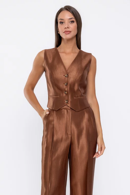 Vestă Caramel din vâscoză satinată maro S6503 thumbnail picture - 