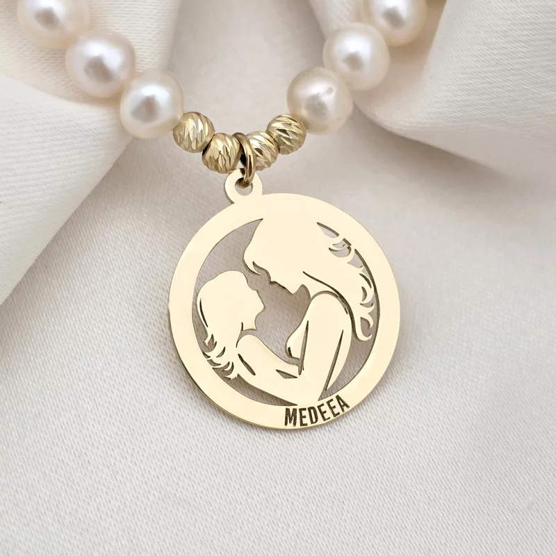 Anya–Lánya Kötelék Nyaklánc – Korong Medál Gyöngysorral – 18K Arannyal Bevont 925-ös Ezüst