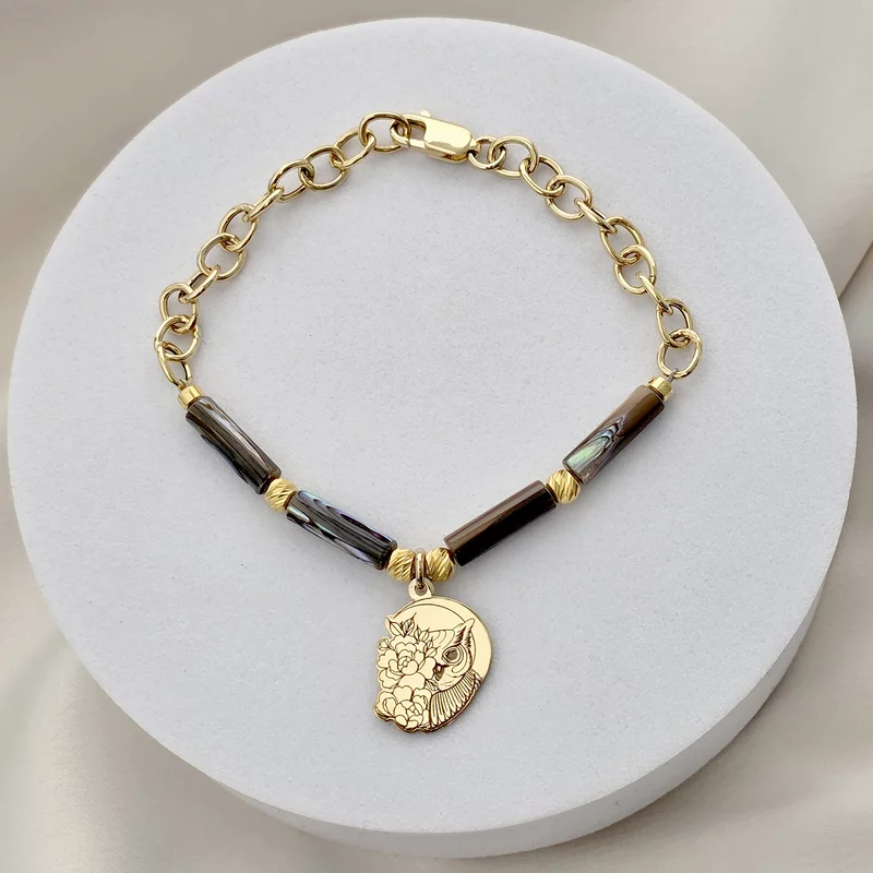 Arany Bagoly Karkötő – Bambuszgyöngyök és Golyók –  18K Sárga Aranyozott 925 Sterling Ezüst