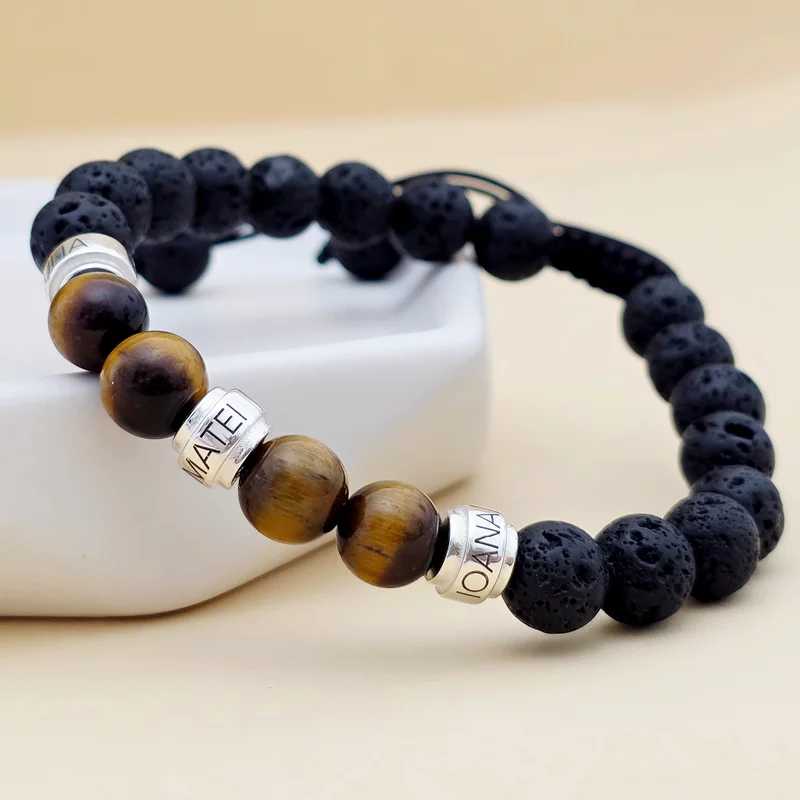 Ásvány Karkötő - 8mm Láva és Tigrisszem Ásvány - 3 Sterling Ezüst Golyó- Rugalmas Szilikon