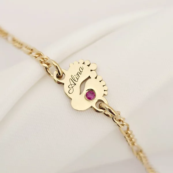 Baba Talpak Karkötő – Névvel és Drágakővel - 18K Sárga Arannyal bevont 925-ös Ezüst - Kislány/Fiú Lánc