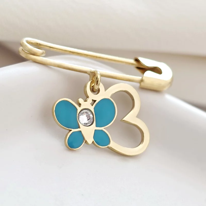 Biztostű Bross – Szálló pillangó – 18K Sárga Aranyozott 925 Sterling Ezüst, türkiz zománccal és Swarovski kristállyal