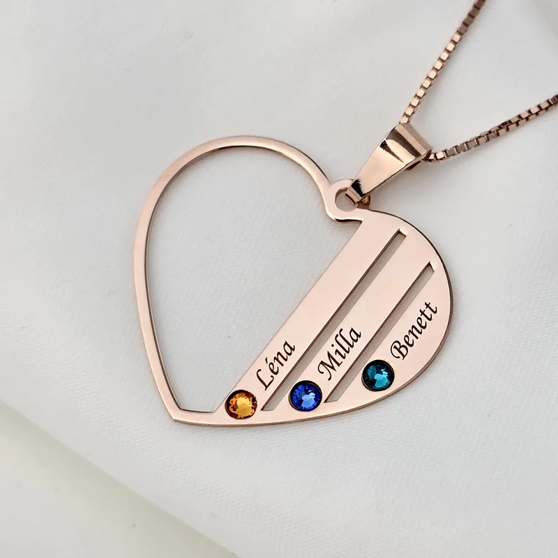 Családi Szív Nyaklánc - 3 Név - 18K Rozé Aranyozott 925 Sterling Ezüst  Swarovski Kristály - Körkapocs