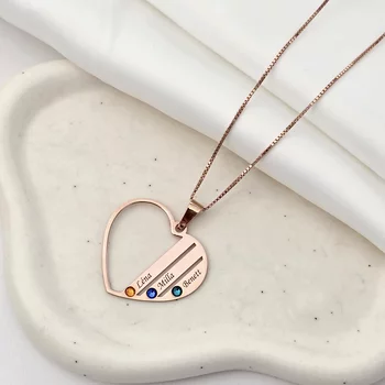 Családi Szív Nyaklánc - 3 Név - 18K Rozé Aranyozott 925 Sterling Ezüst  Swarovski Kristály - Körkapocs