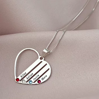 Családi Szív Nyaklánc - 4 Név - 925 Sterling Ezüst  Swarovski Kristály - Körkapocs