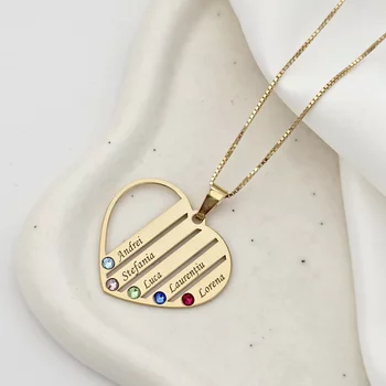 Családi Szív Nyaklánc - 5 Név - 18K Sárga Aranyozott 925 Sterling Ezüst  Swarovski Kristály - Körkapocs