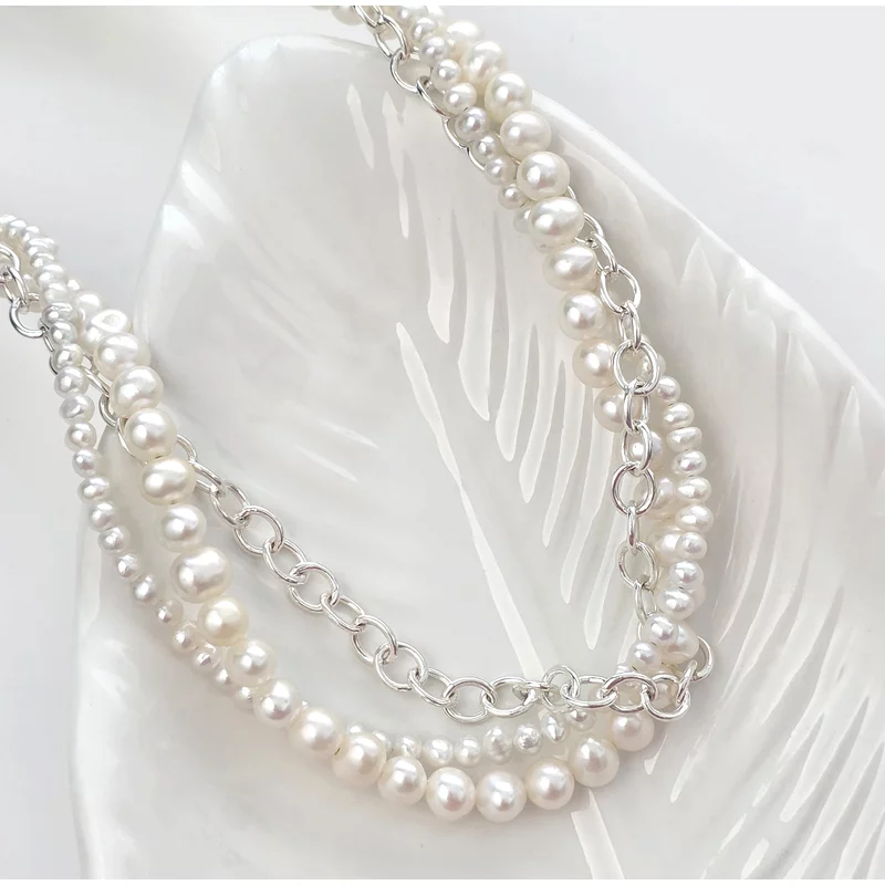 Elegancia Fonata Nyaklánc – Két Gyöngysor és Lánc – 925 sterling ezüst ✨