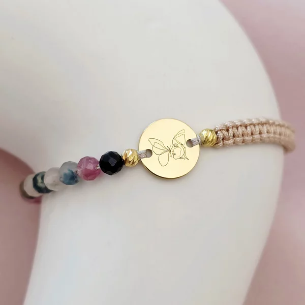 ÉLETERŐ Karkötő - A Szépség Metamorfózisa - 18K Sárga Aranyozott Sterling Ezüst érmével és gömbökkel 2.5 mm - fazettált Turmalin ásvány gyöngyökkel - állítható nude zsinór