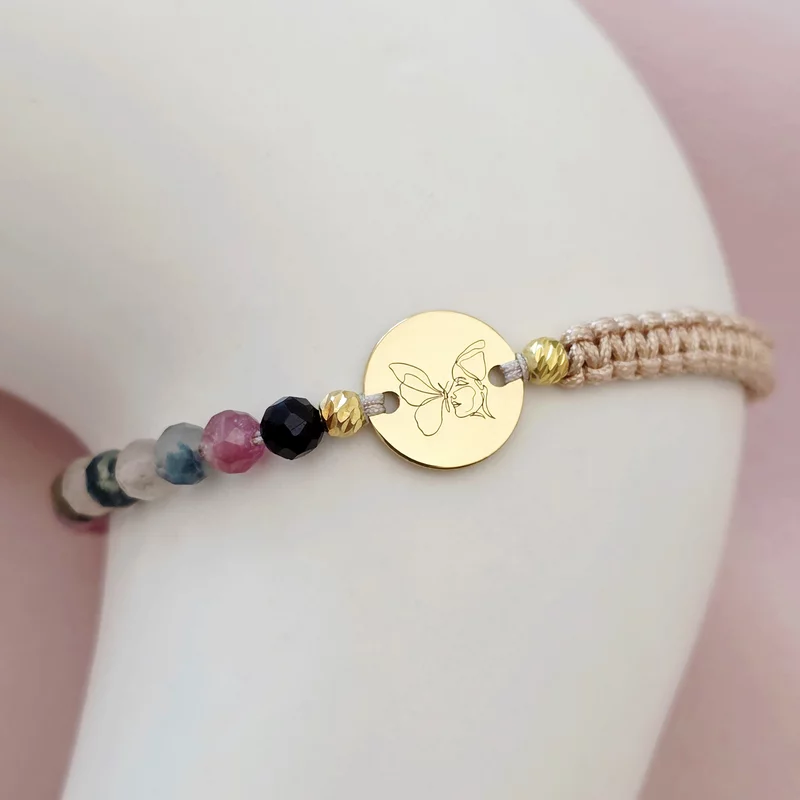 ÉLETERŐ Karkötő - A Szépség Metamorfózisa - 18K Sárga Aranyozott Sterling Ezüst érmével és gömbökkel 2.5 mm - fazettált Turmalin ásvány gyöngyökkel - állítható nude zsinór