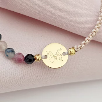ÉLETERŐ Karkötő - A Szépség Metamorfózisa - 18K Sárga Aranyozott Sterling Ezüst érmével és gömbökkel 2.5 mm - fazettált Turmalin ásvány gyöngyökkel - állítható nude zsinór