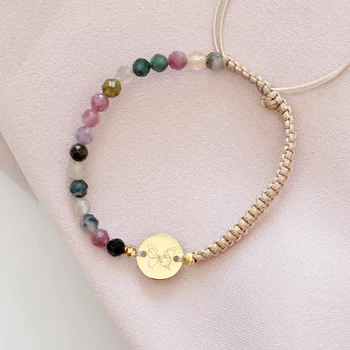 ÉLETERŐ Karkötő - A Szépség Metamorfózisa - 18K Sárga Aranyozott Sterling Ezüst érmével és gömbökkel 2.5 mm - fazettált Turmalin ásvány gyöngyökkel - állítható nude zsinór