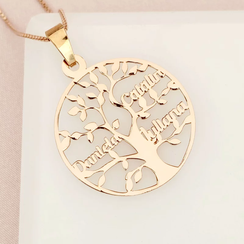 Életfa Nyaklánc - Személyre Szabott Nevekkel -  18K Rozé Aranyozott 925 Sterling Ezüst - Körkapocs