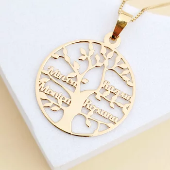 Életfa Nyaklánc - Személyre Szabott Nevekkel -  18K Sárga Aranyozott 925 Sterling Ezüst - Körkapocs