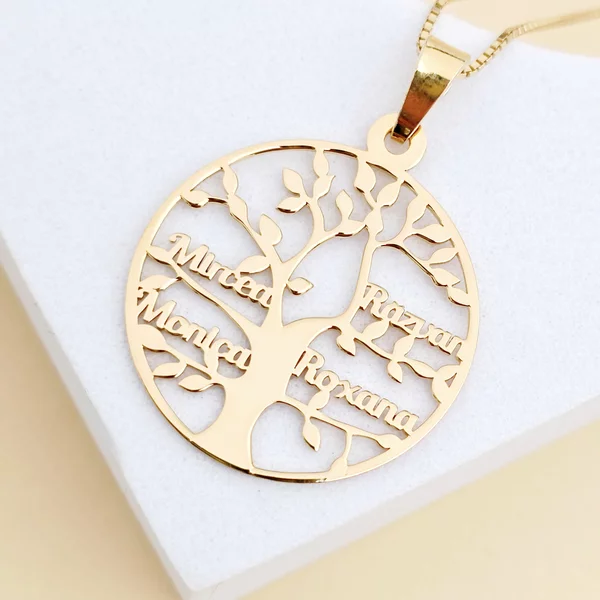 Életfa Nyaklánc - Személyre Szabott Nevekkel -  18K Sárga Aranyozott 925 Sterling Ezüst - Körkapocs