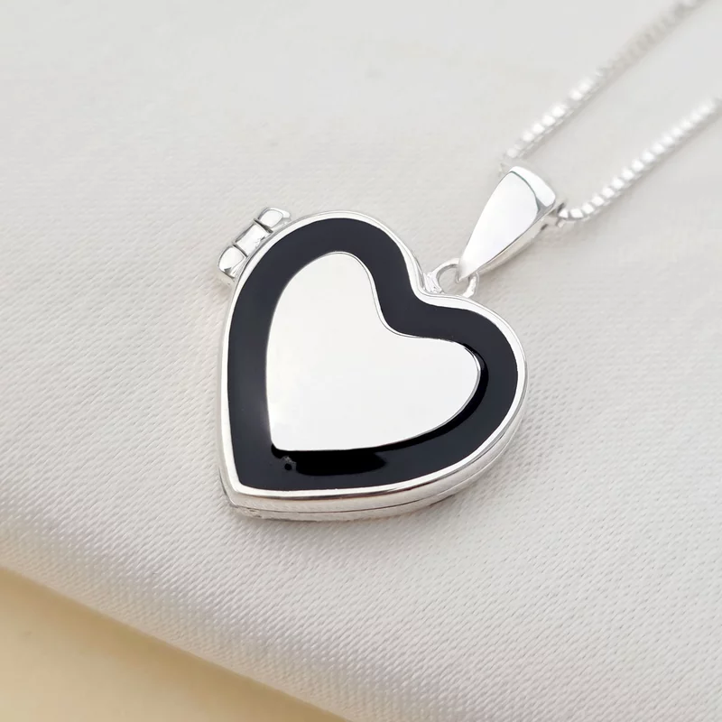 Ezüst Nyaklánc - Fényképes Szív Fekete Zománccal - 925-ös Ezüst