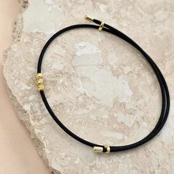 Fekete Zsinóros Karkötő –  3 db 3 mm-es Gyöngyökkel – 18K Sárga Aranyozott  925 Sterling Ezüst