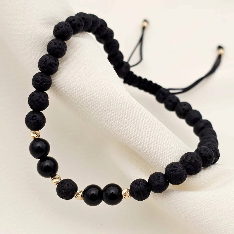 Láva és Ónix Karkötő - 6 db 14K arany golyó - 3mm