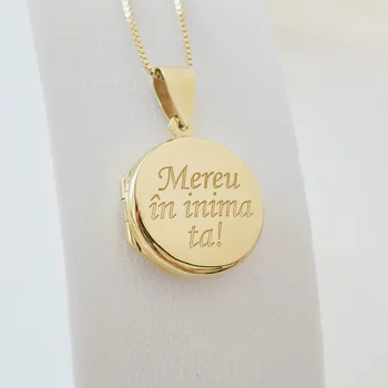 Fényképes Kerek Nyaklánc - 18K Sárga Aranyozott Sterling Ezüst 925 Medál írással - Körkapocs