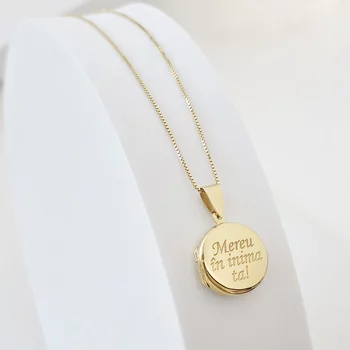 Fényképes Kerek Nyaklánc - 18K Sárga Aranyozott Sterling Ezüst 925 Medál írással - Körkapocs