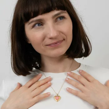 Fényképes Szív Nyaklánc - Pink Rose - Ezüst 925 - 18K Sárga Arany Bevonattal