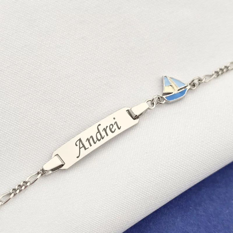 Gravírozható Lemez Baba Karkötő - Név és Hajó – 925 Ezüst – Lánccal