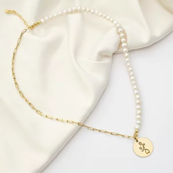 Gyöngy Nyaklánc - Anya és Gyermeke Medál - Nagy Szemű Lánc és Gyöngysor - 18K Sárga Aranyozott  925 Sterling Ezüst - Körkapocs