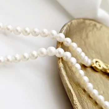 Gyöngy Nyaklánc - Fehér Japán Akoya Gyöngy - 18K Sárga Aranyozott 925 Sterling Ezüst - Karabíner Kapocs
