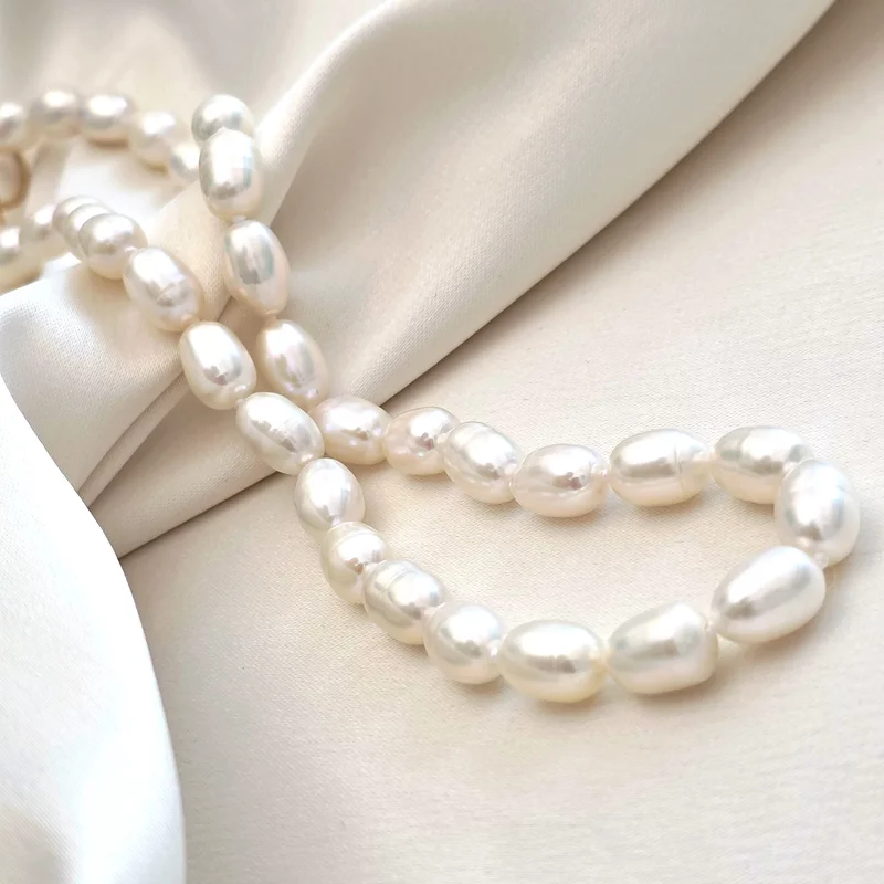 Gyöngy Nyaklánc - Fehér Rizs-szem Gyöngy - 18K Sárga Aranyozott 925 Sterling Ezüst