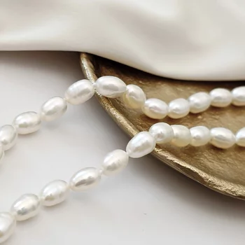 Gyöngy Nyaklánc - Fehér Rizs-szem Gyöngy - 18K Sárga Aranyozott 925 Sterling Ezüst