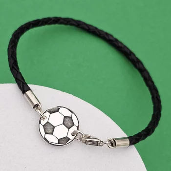 Labdarúgó Karkötő - 925 Sterling Ezüst Foci Labda - Fonott Bőr Karkötő