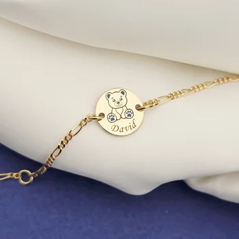 Mackó Érme Karkötő – 18K Sárga Aranyozott 925 Sterling Ezüst - Kék Tűzzománc & Gravírozott Név - Lánc Fiú/Lány