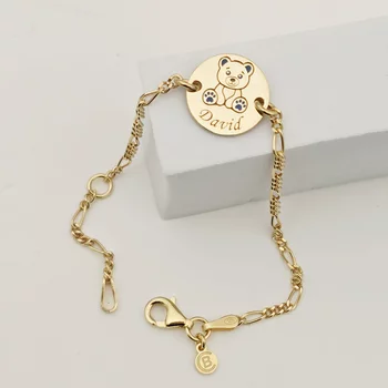 Mackó Érme Karkötő – 18K Sárga Aranyozott 925 Sterling Ezüst - Kék Tűzzománc & Gravírozott Név - Lánc Fiú/Lány