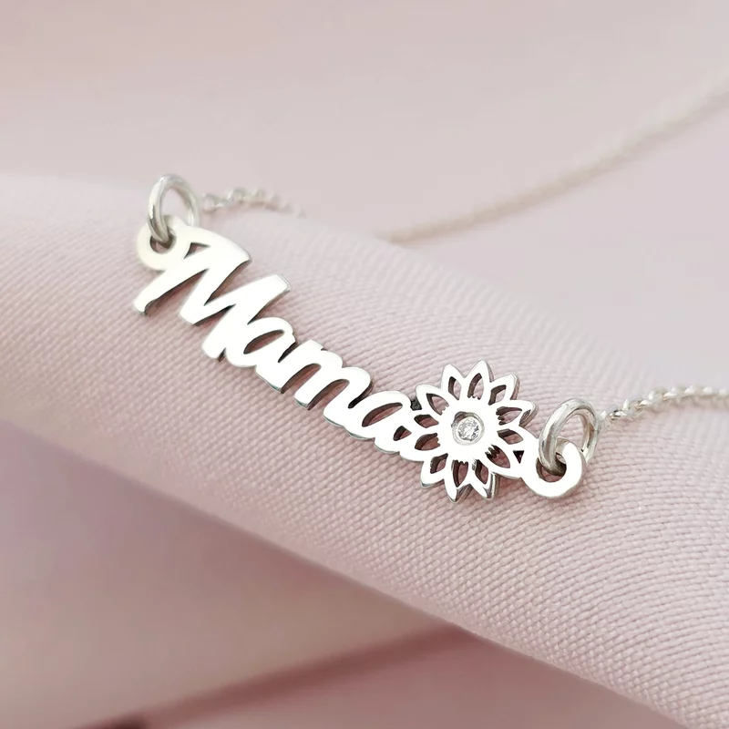 Név Nyaklánc és Virág Természetes Gyémánttal - 925 Sterling Ezüst - Körkapocs