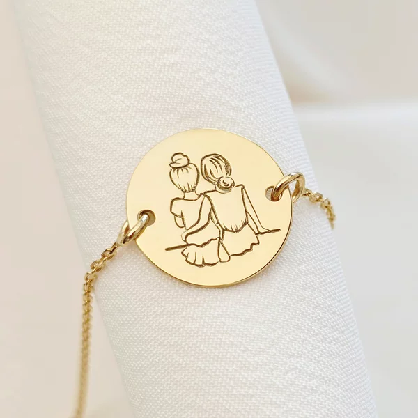 Nővér/Barátnő Érme Karkötő - 18K Sárga Aranyozott 925 Sterling Ezüst - Lánccal