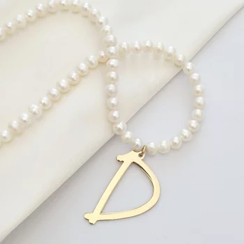 Óriás Kezdőbetű Nyaklánc - Betű és Gyöngysor - 18K Sárga Aranyozott 925 Sterling Ezüst