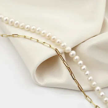 Gyöngy Nyaklánc - Anya és Gyermeke Medál - Nagy Szemű Lánc és Gyöngysor - 18K Sárga Aranyozott  925 Sterling Ezüst - Körkapocs