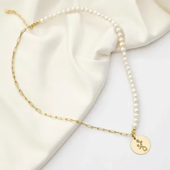 Gyöngy Nyaklánc - Anya és Gyermeke Medál - Nagy Szemű Lánc és Gyöngysor - 18K Sárga Aranyozott  925 Sterling Ezüst - Körkapocs
