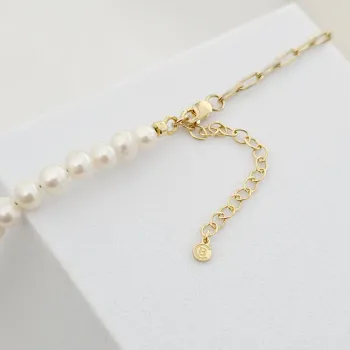 Gyöngy Nyaklánc - Anya és Gyermeke Medál - Nagy Szemű Lánc és Gyöngysor - 18K Sárga Aranyozott  925 Sterling Ezüst - Körkapocs