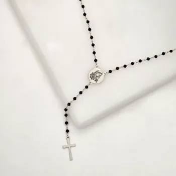 Rózsafüzér Nyaklánc – Szűz Mária Medállal Kereszttel – Ónix Ásványlánc – 925 Sterling Ezüst