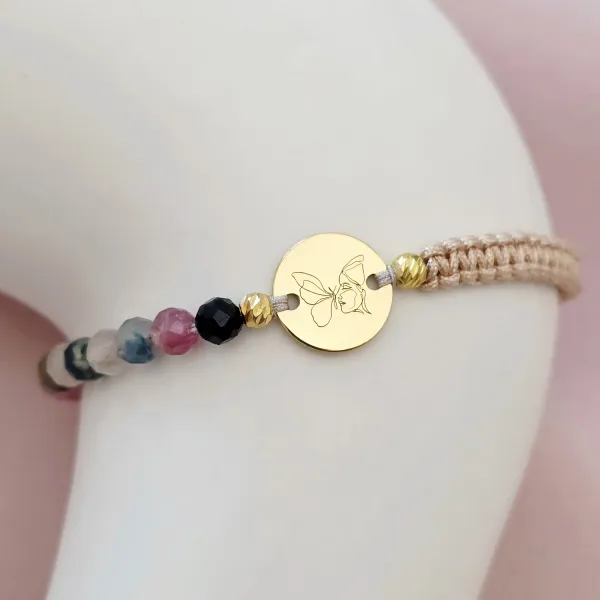 ÉLETERŐ Karkötő - A Szépség Metamorfózisa - 18K Sárga Aranyozott Sterling Ezüst érmével és gömbökkel 2.5 mm - fazettált Turmalin ásvány gyöngyökkel - állítható nude zsinór